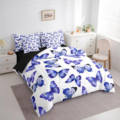 Image of Purple Butterfly 7 Pieces Bedding Set Twin Size,Dreamy Princess Bed in a Bag,Flying Butterflies Bed Set Includes Comforter,Sheet Set,Pillowcases & Pillow Covers,Watercolor Oil Painting Bedroom Decor