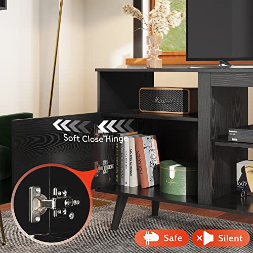 Image of WLIVE Mid-Century TV Stand for TVs Up to 65 inch, Storage Cabinet, Black