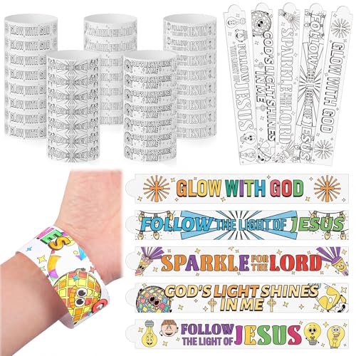 Sabary 100 Pcs 2026 VBS Color Your Own Bracelets Bulk Illumination Themed Jesus Is the Light VBS Wristbands Christian Scripture Bible Verse Religious Motivational DIY Gifts Crafts for Sunday School