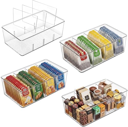 uandu Kühlschrank Organizer 4er Set Küchen Organizer mit herausnehmbaren Trennwänden Stapelbare Aufbewahrungsboxen Küche Transparent Teebeutel Organizer Schrank & Pantry Ordnungssystem