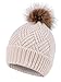 Livingston Diamond Weave Knit Faux Fur Pompom Winter Women Beanie, Cream