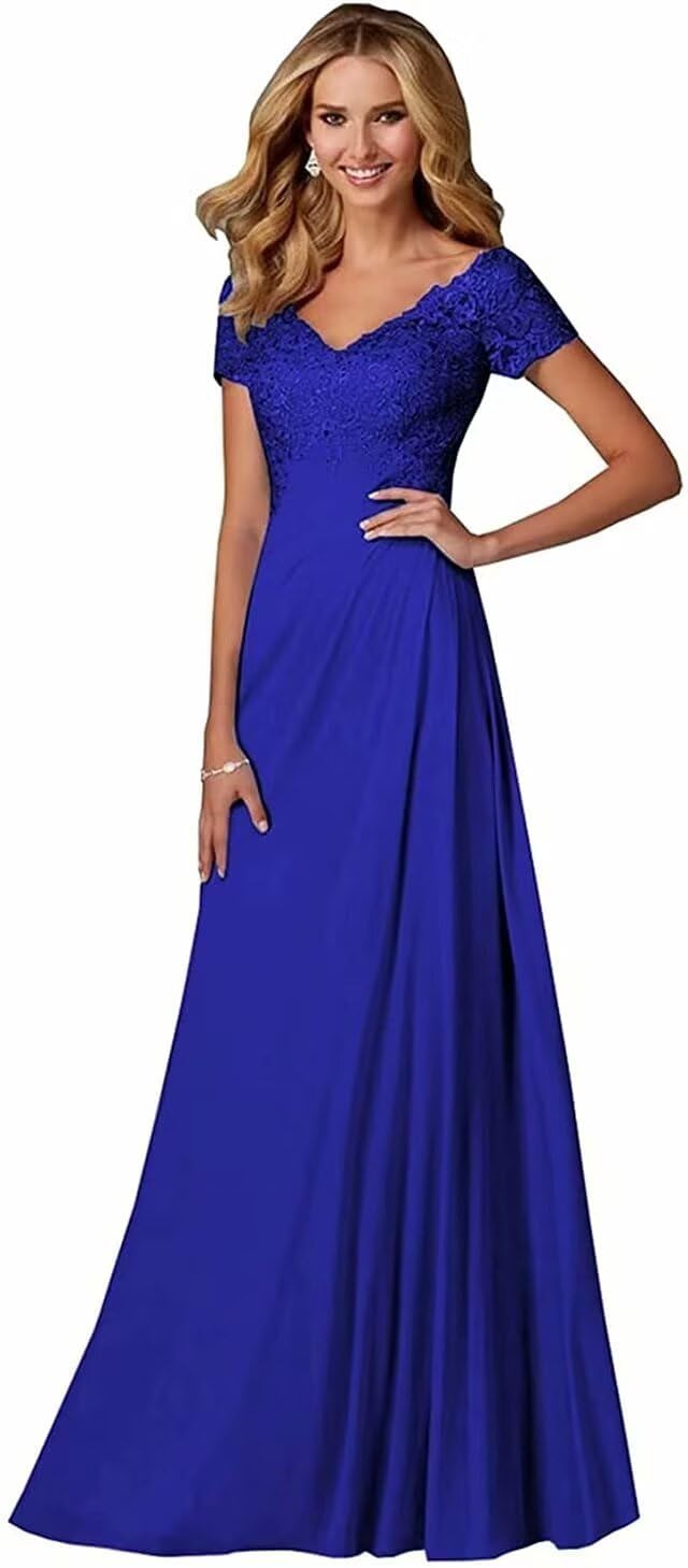 Lace Appliques Mother of The Bride Dresses for Wedding V-Neck Chiffon Long Formal Evening Gowns with Sleeve