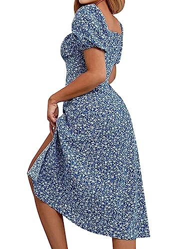 Image of SPRIME Women's Floral Summer Casual Dress Square Neck Puff Sleeve Boho Midi Dresses Ruched Bust High Waist Split Long Dress