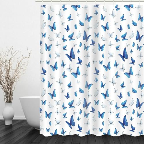 Rideau de douche imprimé papillons blancs et bleus en polyester imperméable