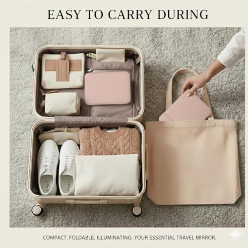 Image of Folding Portable Makeup Mirror with Adjustable Stand | HD Frameless Beveled Design | Travel-Friendly PU Leather Vanity Mirror for Desk, Dresser & Bathroom,Rectangular (Pink Round Edge Mirror)