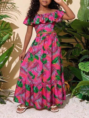 Image of BEAUDRM Girl's Summer Outfits Tropical Summer Dress Hawaiian Off Shoulder Tops and Ruffle Skirt Set Vacation Beach Clothes