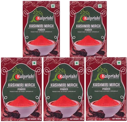 Image of Kalprishi Kashmiri Red Chilli Powder with Natural Oils, 500 gm (100g x 5) Kashmiri Lal Mirch Powder for Curry, Paratha, Sabji, Tadka, Pulav