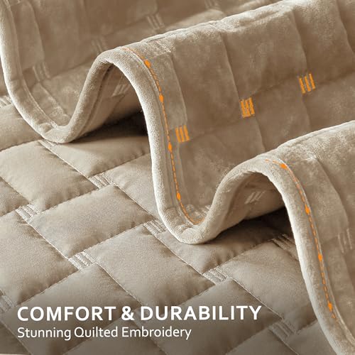 Image of Grassix Velvet Quilt Set Queen Size, Luxury Geometric Design, Beige Taupe | Lightweight Velvet Comforter with 2 Pillow Shams, Ultra Soft Bedspread Coverlet, Quilted Bedding Set for All Seasons, 90 inchx96 inch