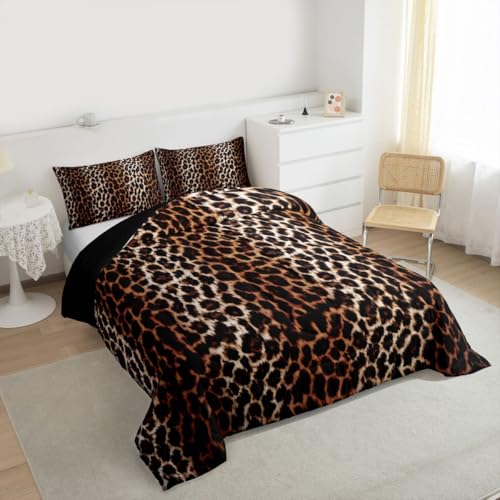 Image of Feelyou Black Brown Leopard Print Comforter Cheetah Print Comforter Set Africa Animal Wildlife Bedding Set for Boys Girls Kids Men Women Room Decor Luxury Safari Duvet Set Queen Size Quilt Boys