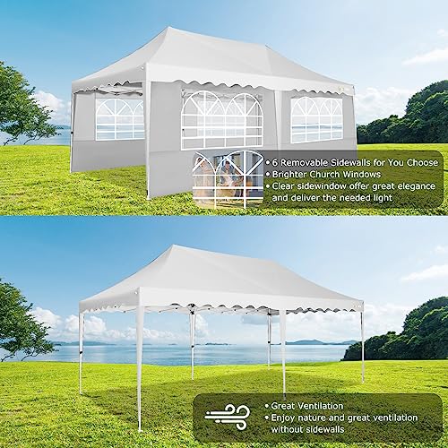 Image of HOTEEL Folding Gazebo 3 x 6 Gazebo Waterproof Stable Party Tent Foldable Folding Tent with 6 Side Walls & Roll Bag & 4 Sand Bags, Easy Assembly for Weddings, Commerce, Parties, UV50+ Protection, White