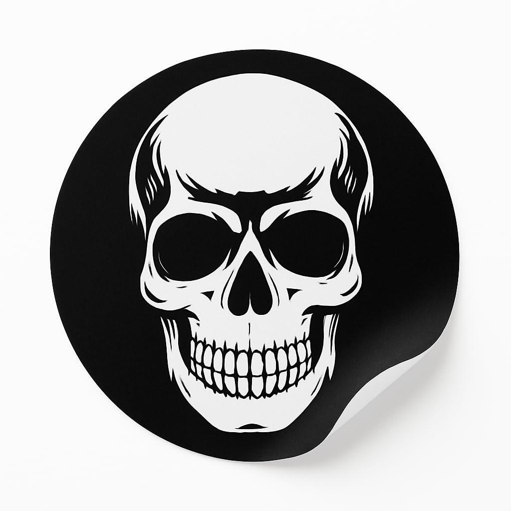 50 Pack Halloween Skull Stickers – 45mm Round Black & White Skeleton Labels for Spooky Decorations, Party Favours, Kids & Adults