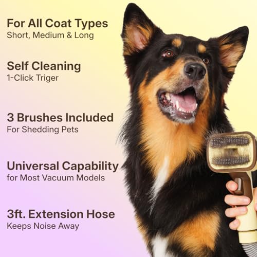 GROOMI Vacuum Pet Brush Kit – 3‑in‑1 Dog & Cat Grooming Tool, Self‑Cleaning Deshedding Brush & Pet Hair Remover, Universal Vacuum Attachment