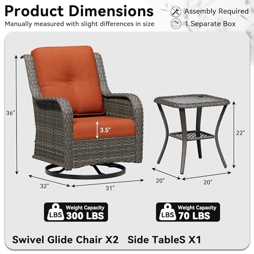 Image of 3 Piece Outdoor Wicker Patio Furniture Set, Swivel Rocker Patio Chairs Set with Thickened Olefin Cushions, High Back and Deep Seating, Hand-Woven PE Rattan for Porch, Deck