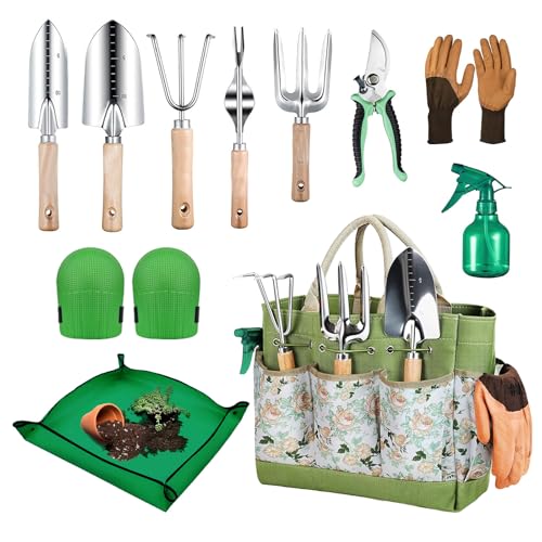 Gardening Tools 11 Pack Heavy Duty for Women with Gardening Knee Pads and Repotting Mat Gardening Hand Tools with Floral Tote Bag Durable Garden Supplies Kit Ideal Gifts for Men Gardeners