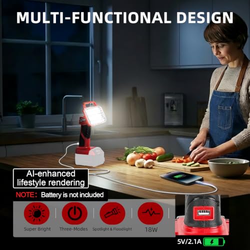 Image of Cordless LED Work Light for Milwaukee 18V Battery, 2000LM Portable Handheld Flashlights Tool with USB Port and 3 Brightness Modes for Camping, Fishing, Job Site, Indoor & Outdoor Use