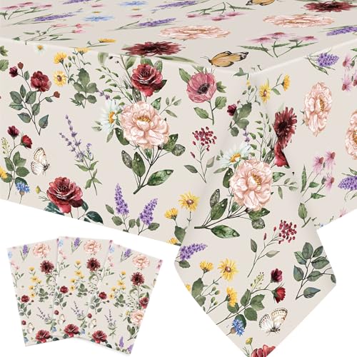 Image of Ganeen 3 Pcs Floral Tablecloth Disposable Plastic Wildflower Table Covers Rectangle Vintage Wildflower Tablecloths for Baby Shower Birthday Wedding Mothers Day Spring Tea Party Decor, 54 x 108 Inch