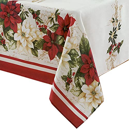 Newbridge Christmas Presley Red and White Poinsettia Double Bordered 70 inch Round Fabric Tablecloth, Holiday Cottage Floral Border Print Table Cover for Dining Party by Newbridge - Image 9