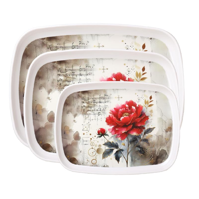 Image of Golden Fish Serving Tray Set of 3 for Different Sizes Floral Print, Rectangular Rounded Edge Tray for Kitchen, Dining & Tea Serving, Lightweight Durable Multipurpose Food & Snack Tray