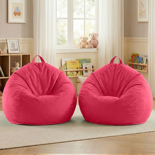 Image of HABUTWAY 2FT Bean Bag Chair 2-Pack, 2' Beanbags Small Bean Bag Chairs with Filling, Teardrop Bean Bag Chair Luxurious Velvet Ultra Soft Fur with Removable Cover(Hot Pink)