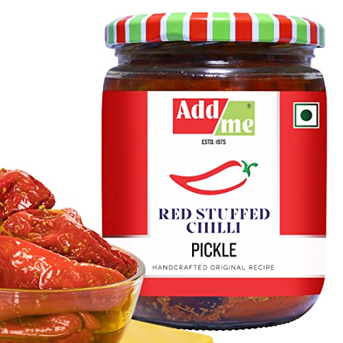 Image of Add Me Red Stuffed Chilli Pickle Homemade lal mirch ka Bharwa banarasi achar Pickles in Mustard Oil 500 Gm Glass Pack