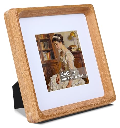 Image of Square 6x6 Picture Frame with Mat for 4x4, USA-Sourced Natural Teak Wood Handcrafted Rounded Corner with Real Glass, Vertical or Horizontal Display Photo Gallery Wall & Tabletop Frame