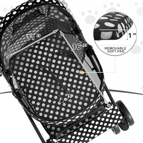 Image of MoNiBloom 4 Wheels Pet Stroller, Easy-Fold Umbrella Shaped Dog Cat Jogger Stroller w /Storage Bag & Visible Mesh for Small /Medium Dogs Cats Black Polka Dots