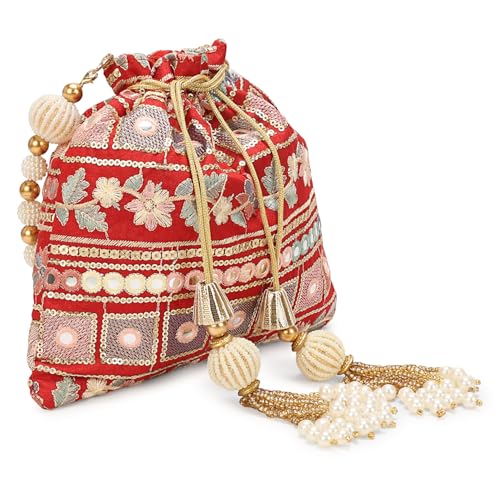 Image of LONGING TO BUY Indian Embroidered Pearl Potli Bag For Women, Sequence Design with Tassel, Wedding Potli Bags
