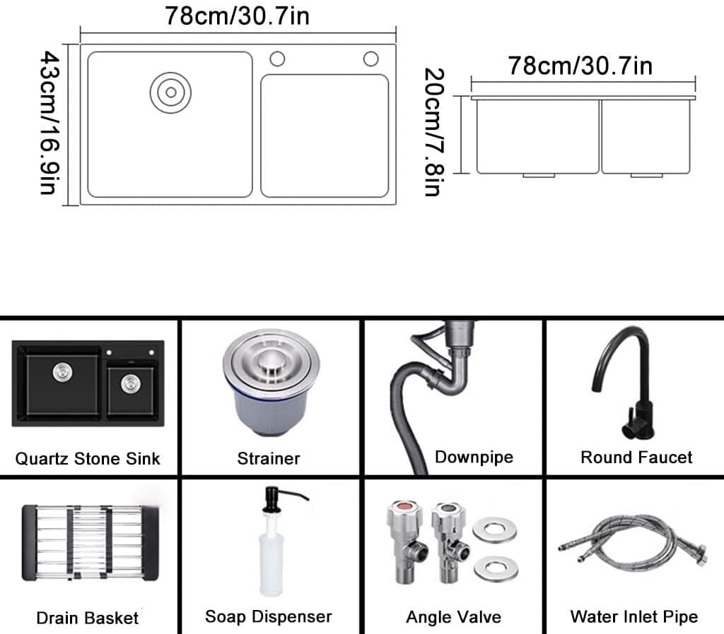 Quartz Stone Kitchen Bar Sink with Faucet - Double Bowl Prep Sink, Drop-in or Undermount Installation, Easy to Clean, Black Square Design,Black~a-78x43cm