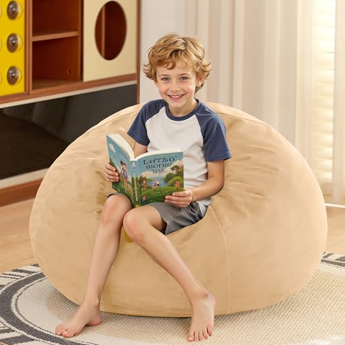 Image of HABUTWAY 2FT Bean Bag Chair, 2' Beanbags Small Bean Bag Chairs with Filling, Teardrop Bean Bag Chair Luxurious Velvet Ultra Soft Fur with Removable Cover(Khaki)
