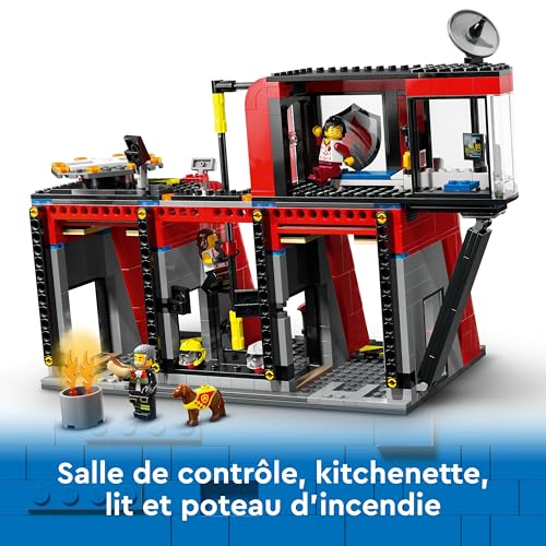 LEGO City La Caserne et Le Camion de Pompiers, Jouet de Figurine de Chien et 5 Minifigurines, Jeu Imaginatif et d'action, Cadeau d'anniversaire pour Garçons et Filles Dès 6 Ans 60414