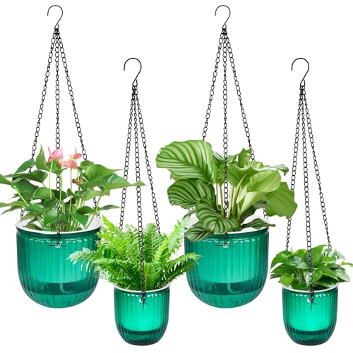 Boocalny 4Pcs Self Watering Hanging Planter, 6.5'' 4.5'' Hanging Plant Pots with Drainage Holes,Plastic Hanging Plant Flower Pots Baskets,Visible Hanging Planters for Indoor Plant Garden Home(Emerald)