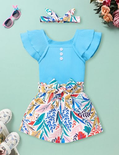 Image of Gaupafmb Toddler Girls Clothes Ruffle Short Sleeve Tops and Shorts Set with Headband 3PCs Outfits