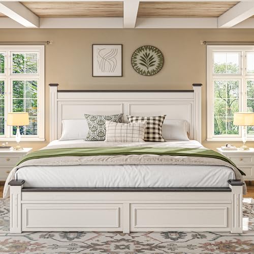 Homkdom Farmhouse King Size Bed Frame 51 Tall King Bed Frame and Headboard Bed Frame with 2 Storage Drawers No Box Spring Needed White