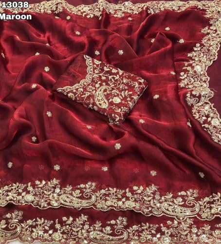 Image of DESTY Saree with Intricate Gold Embroidered Border & Designer Blouse