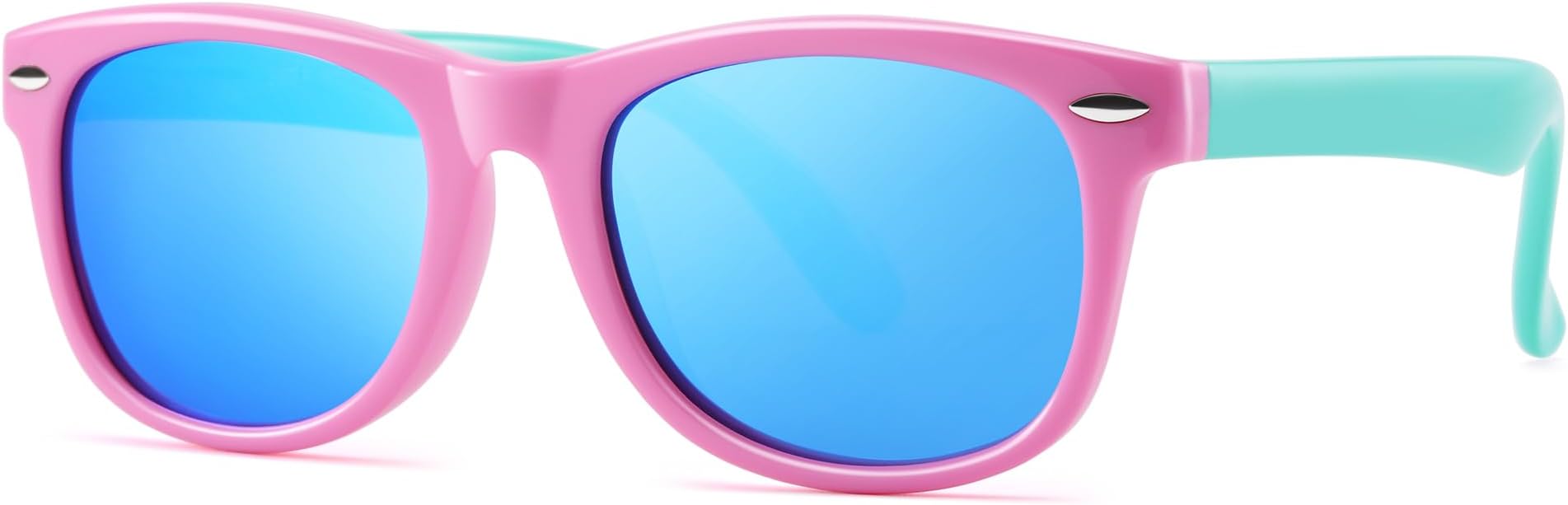 TPEE Rubber Flexible Kids Polarized Wayfarer Sunglasses for Baby and Children Age 3 -10 (Pink Frame/Blue Mirrored Lens)