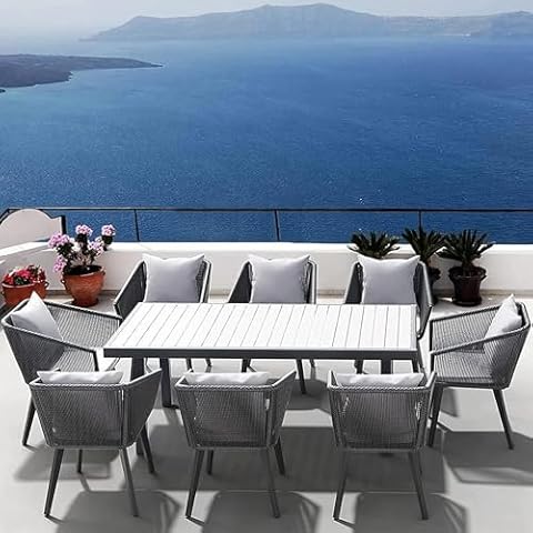 Astomi Outdoor Furniture [Updated Longer Desk ] Over 20-Years Use Warranty 9 Piece Dinning 8 No-Aging for All Weather Resistant Patio Dining Set, Grey Cover
