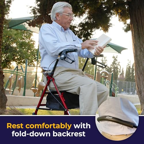 Image of Drive Medical Rollator Walker with Seat - Stable Mobility Support - Height Adjustable - Durable Steel Frame Construction - Smooth 7.5 inch Wheels - Foldable Frame - 350 Lb Limit - Red