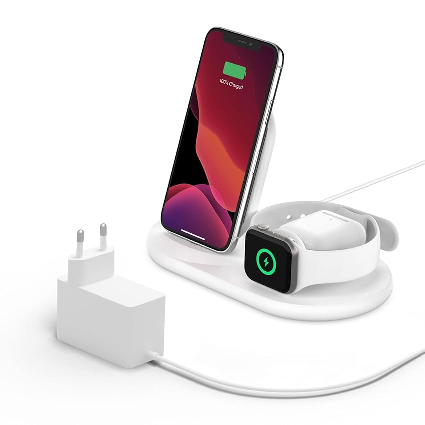 Immagine del prodotto Belkin Caricabatteria wireless 3 in 1 stazione di ricarica da 7,5 W per iPhone 15, 14, Apple Watch ed AirPods e altri - dock Bianco