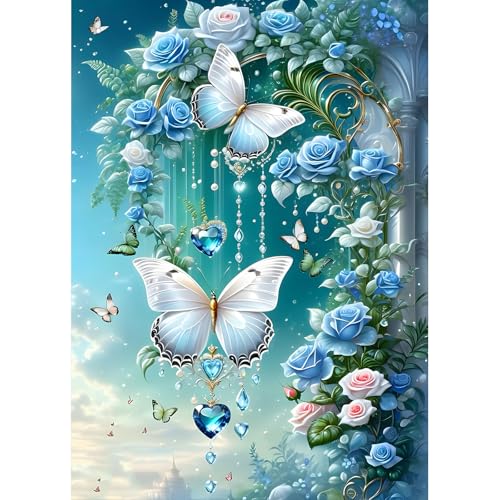 DPHERO 5D Rose Bleue Diamond Painting Kits, DIY Broderie Papillon Art du Diamant Painting Kit Complet, Fleurs Kits de Peinture sur Diamant Point de Croix Painting pour Adultes Débutants 30x40cm