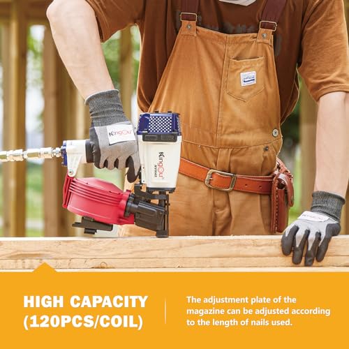 Image of Kingou American Style NVH45 Roofing Nailer Gun For Roofing Constructions Accepts 7 /8-Inch to 1-3 /4-Inch Nails 15 Degree With 3 /8 NPT Air Connector 120-pcs Load Capacity Roofing Nailer