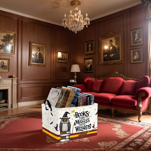 Image of Kid Rectangle Magic Decor Basket Nursery Baby Gift Basket Feather Hat Book Broomstick Toy Storage Bin (Wand Owl)