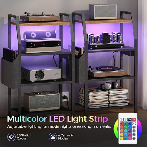 MAHANCRIS 4-Tier AV Media Stand with Power Outlet & LED Lights, Game Console Shelf with Side Storage Bag, Corner Stereo Stand Rack Audio Tower for Small Video DVD Players Boxes, Rustic Brown MSHR01E01 - Thumbnail 4