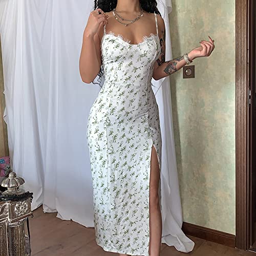 Women\'s Summer Floral Print Eyelash Lace Trim Spaghetti Strap Split Cami Midi Dress
