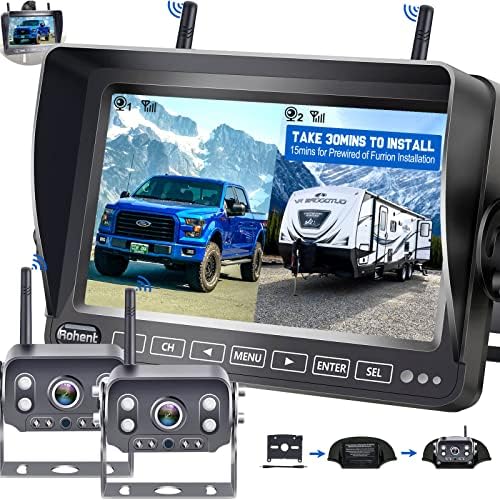 RV Backup Camera Wireless HD1080P 2 Cameras with 7 Inch Touch Key DVR Monitor Stable Digital Signals Rear View Camera System IP69K Waterproof Pigtail Wire Adapter for Furrion Pre-Wired RVs Rohent R8
