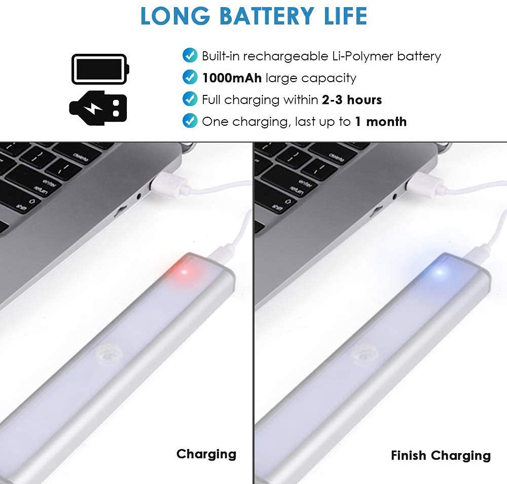 Luci con sensore di movimento per interni, ricaricabili tramite USB, 30 LED, senza fili, illuminazione sotto armadietto, attivata dal movimento, da attaccare su armadio, armadio, armadio, lampada
