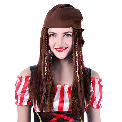 Women's Long Straight Brown Pirate Wig, Adult Wigs for Halloween Party, Straight Pirate Captain Cosplay Wigs for Masquerade Party Accessories