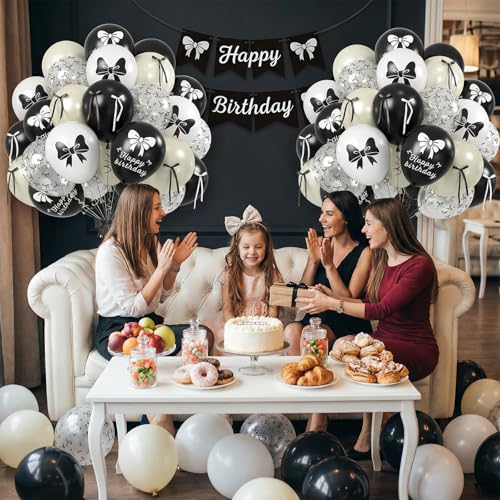 Image of Black Bow Balloons, 60PCS Double Stuffed Pearl White Balloons, 12 Inch Black White Bow Printed Balloon with Ribbon for Girls Women Birthday Bridal Baby Shower Wedding Bachelorette Party Decorations