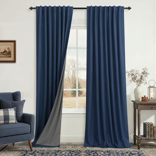 Image of KOUFALL Navy Blue Curtains Blackout 84 Inch Length,Linen Pleated Dark Blue Black Out Back Tab Midnight Curtains for Living Room Men Bedroom