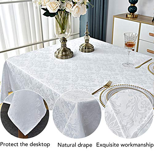 Sastybale Rectangle Tablecloth - 60 X 102 Inch White Damask Table Cloth Jacquard Design Spill Proof Wrinkle Resistant Waterproof Soft Polyester Oblong Table Cover For Kitchen Parties Tabletop #TOP4