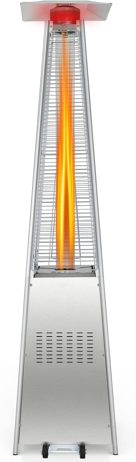 COSTWAY 42,000 BTU Stainless Steel Pyramid Outdoor Propane Heater With Wheels and Glass Tube, Auto Shut Off Protection, Freestanding Quartz for Backyard, Garden, Silver
